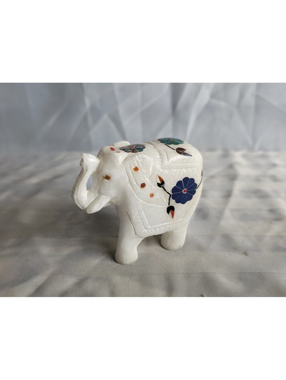 Vintage Indian Pietra Dura White Marble Inlay Elephant Figurine 3.5"